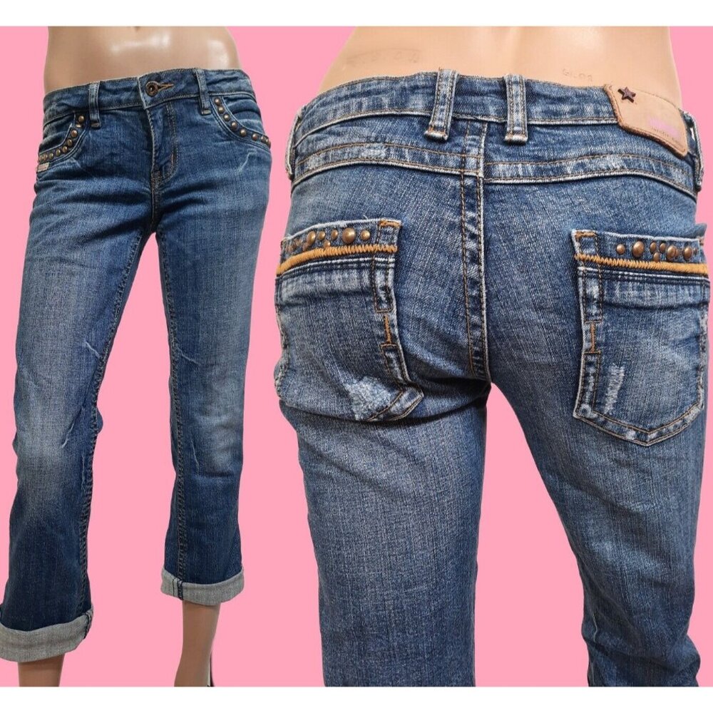 Y2K Bubblegum USA Low Rise Jeans Cropped Length Cuffed Studded Pockets US 7/8